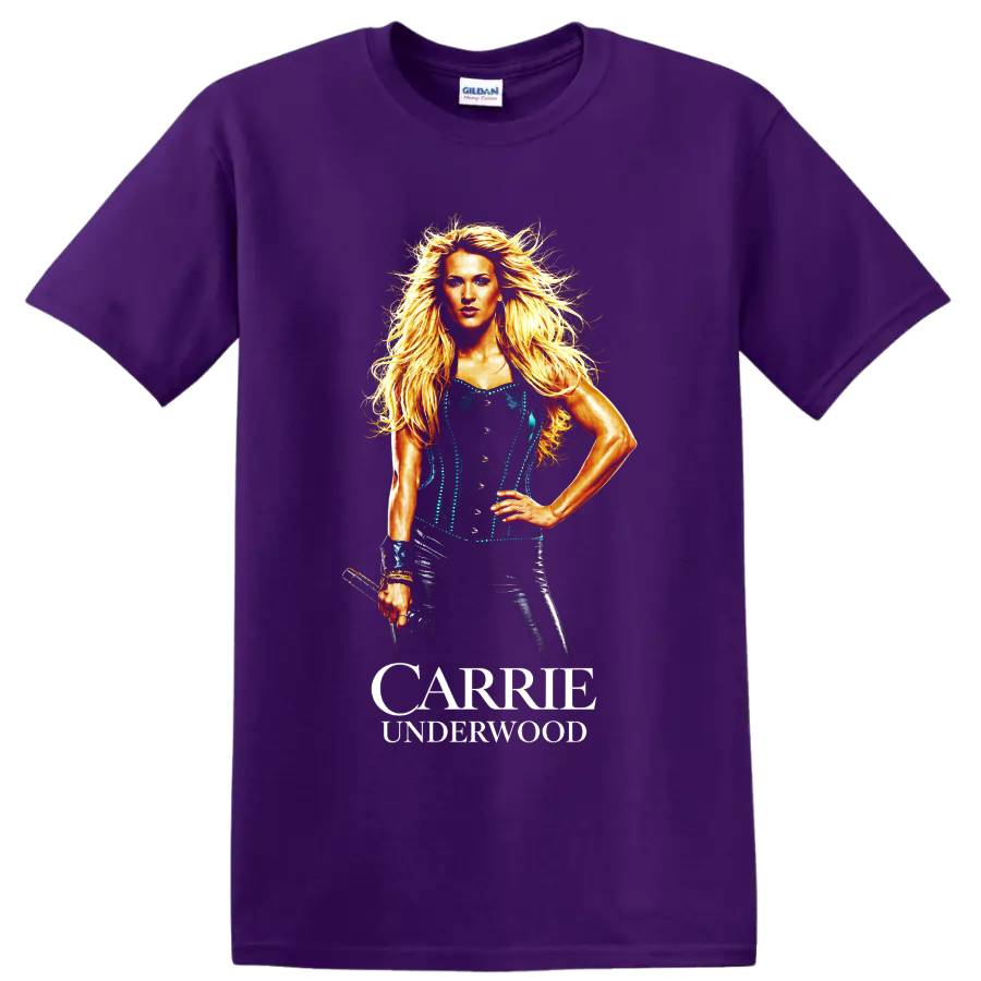 Carrie Underwood portrait illustration with flowing blonde hair and bold name lettering on a Purple T Shirt