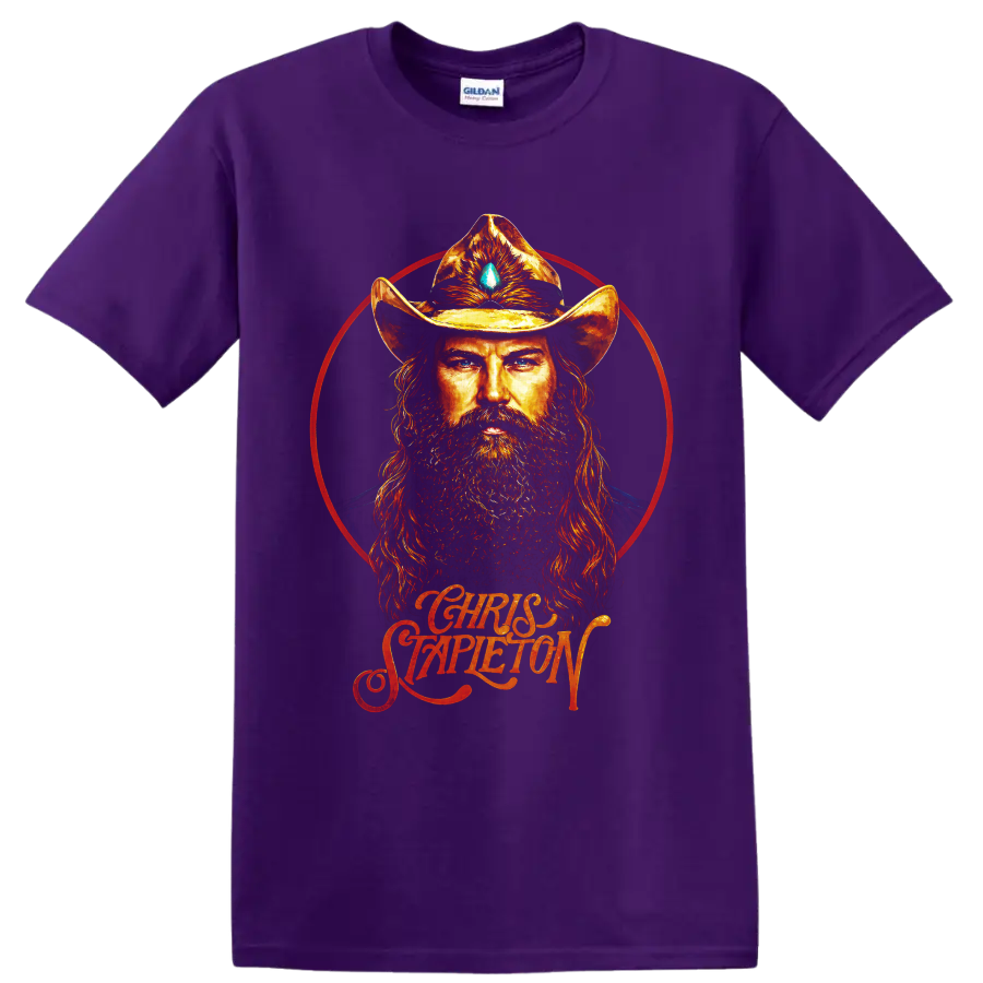 Chris Stapleton fiery cowboy hat portrait with red halo and script lettering on a Purple T Shirt