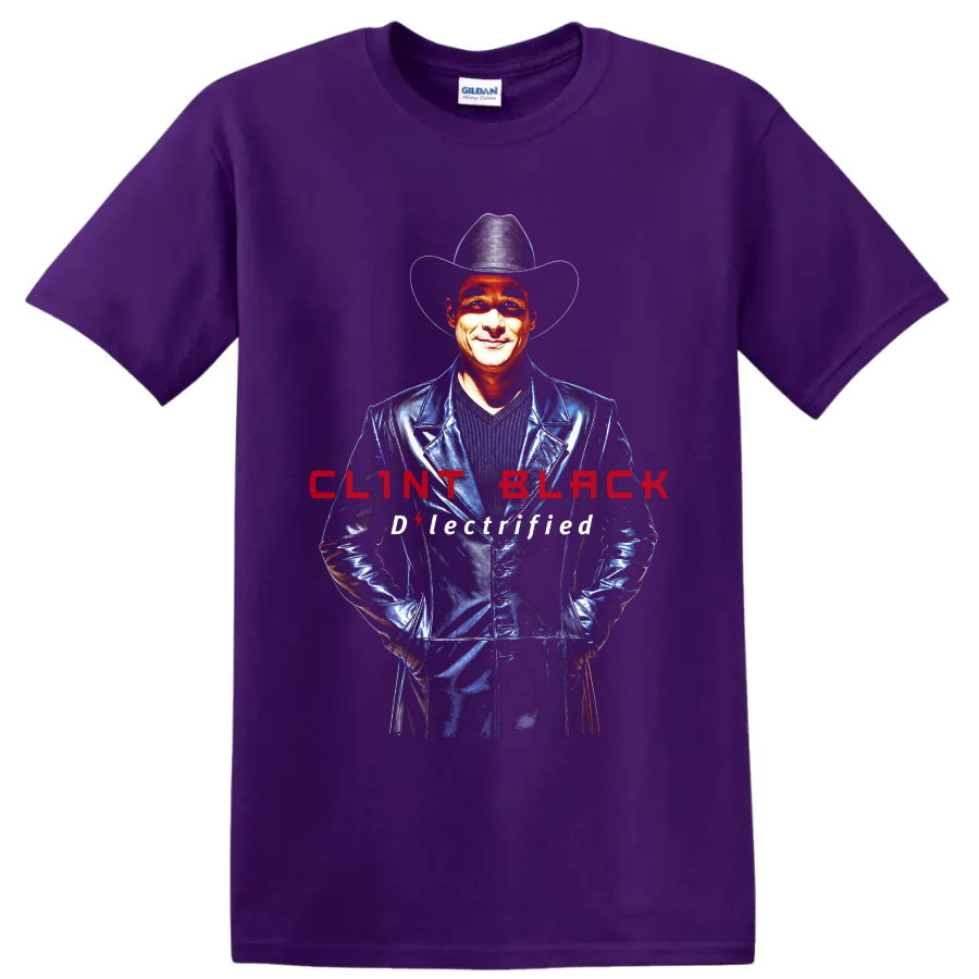 Clint Black cowboy hat portrait with red lettering and Electrified text on a Purple T Shirt