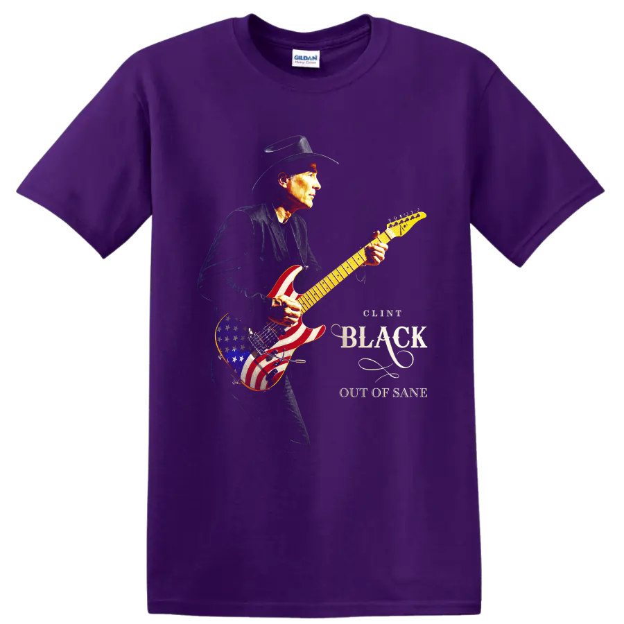 Clint Black cowboy-hatted guitarist with patriotic American flag electric guitar artwork on a Purple T Shirt