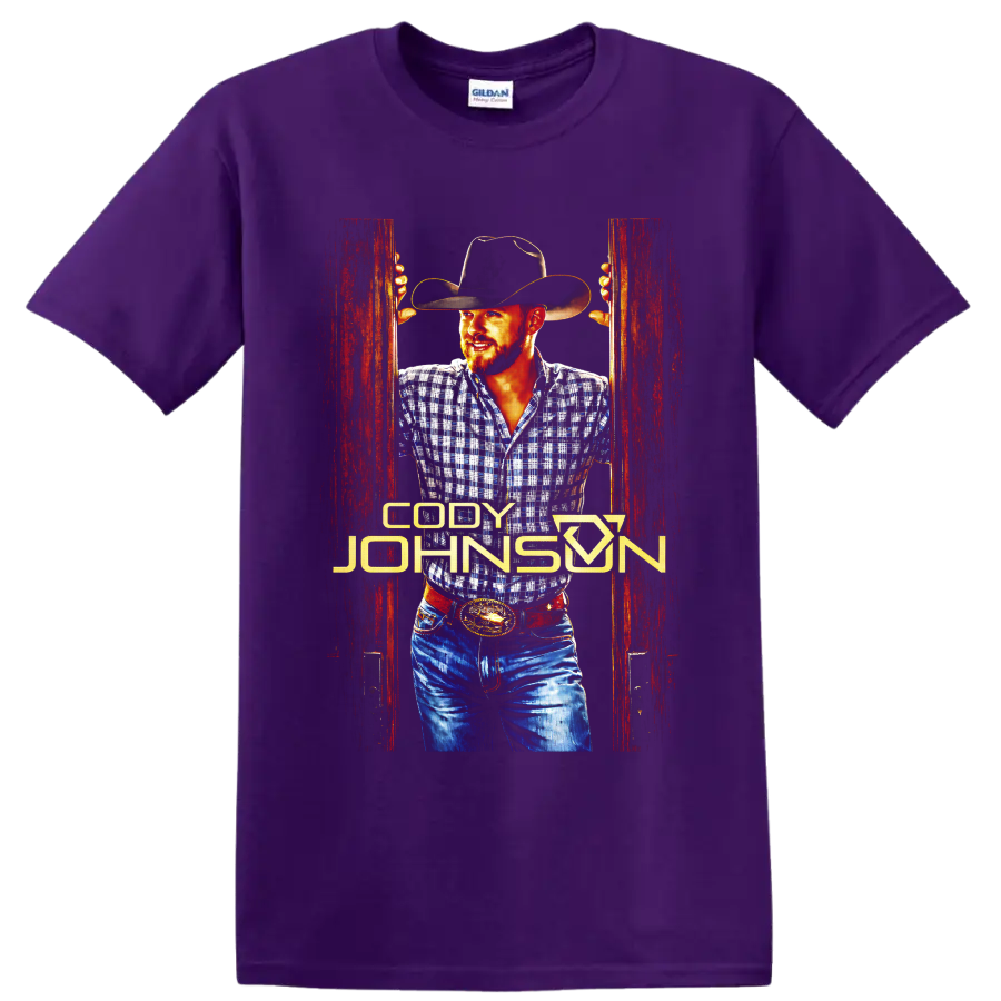 Cody Johnson cowboy portrait with black hat, plaid shirt, rustic red doors, and gold on a Purple T Shirt