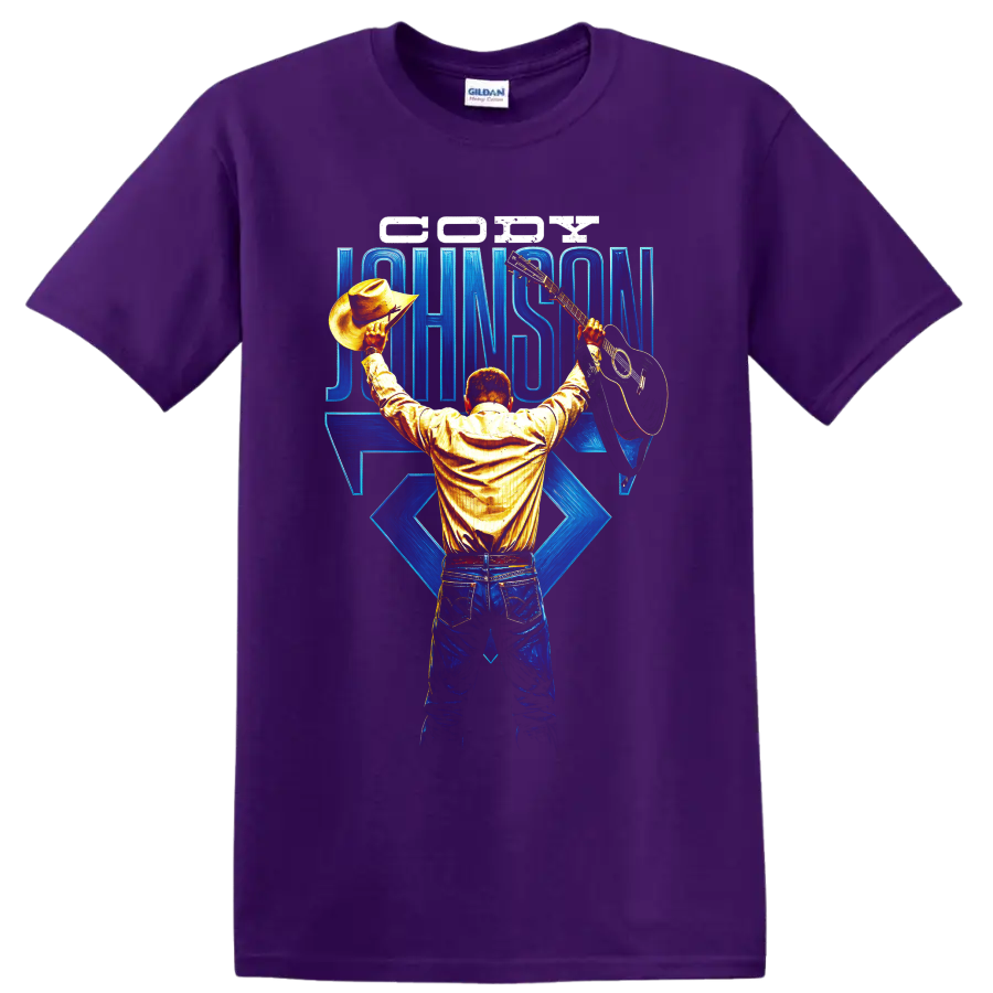 Cody Johnson cowboy performer holding hat and guitar with blue concert lettering on a Purple T Shirt