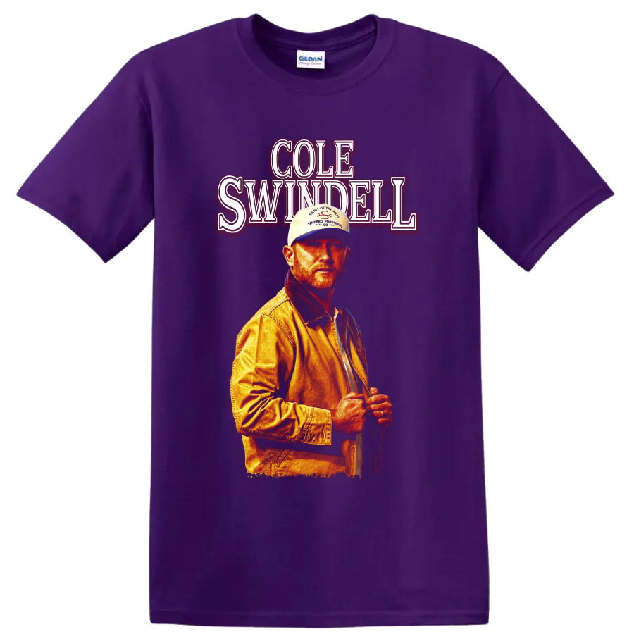 Cole Swindell portrait with vintage red name lettering and warm concert poster styling on a Purple T Shirt