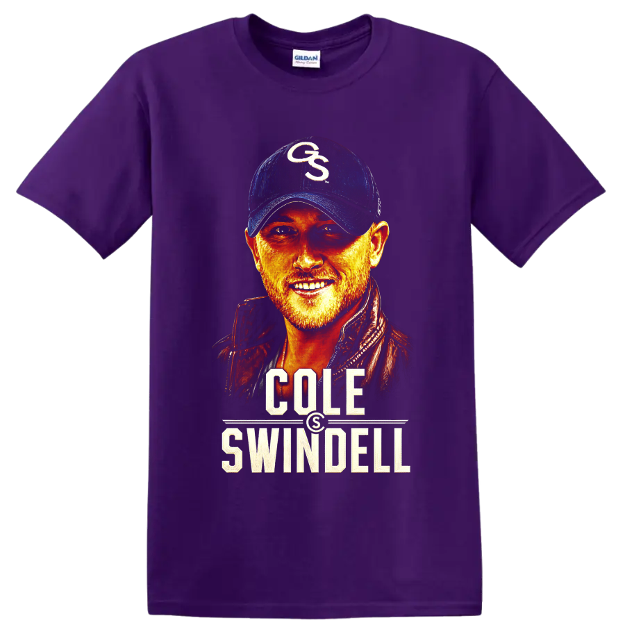 Cole Swindell country singer portrait with fiery colors and bold name lettering on a Purple T Shirt