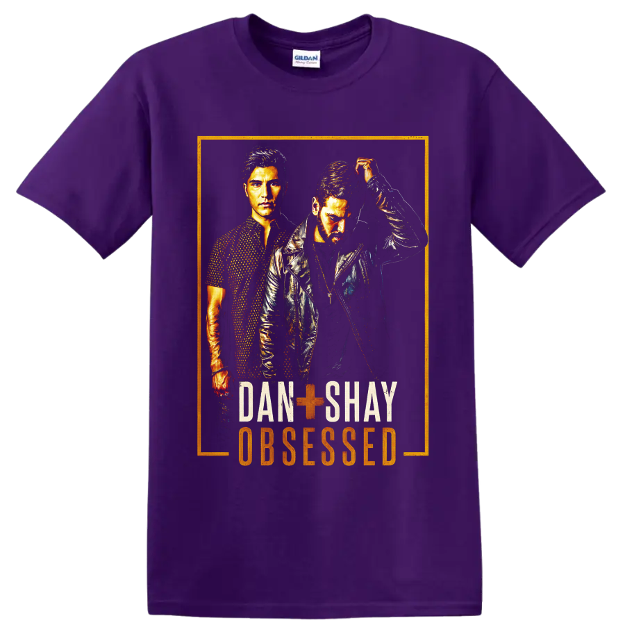 Dan + Shay duo portraits in distressed gold concert-poster art with Obsesssed text on a Purple T Shirt