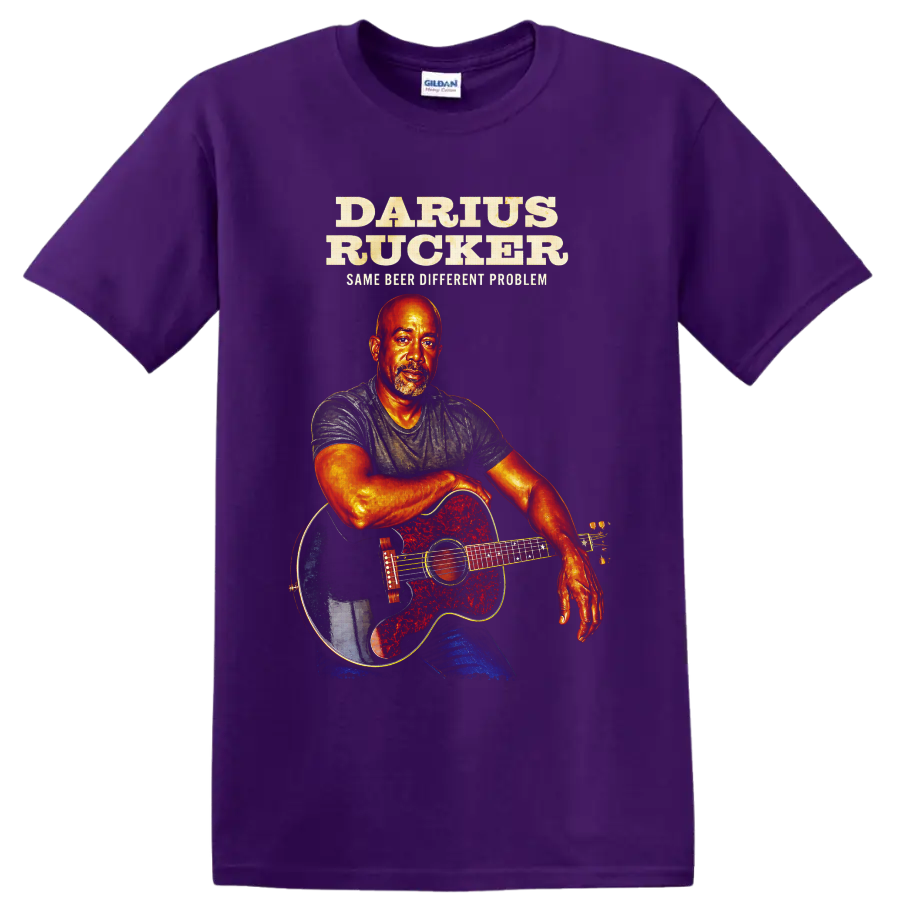 Darius Rucker illustrated guitar portrait with Same Beer Different Problem text on a Purple T Shirt