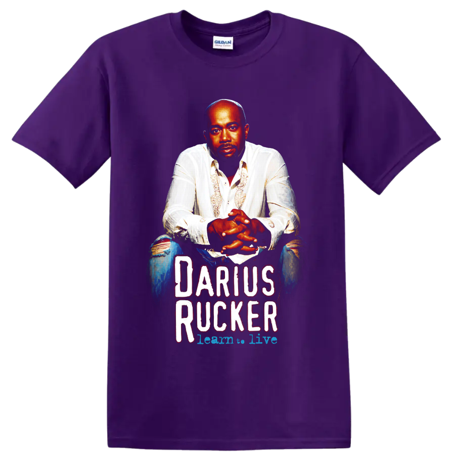 Darius Rucker painted portrait with distressed Darius Rucker concert-style lettering on a Purple T Shirt