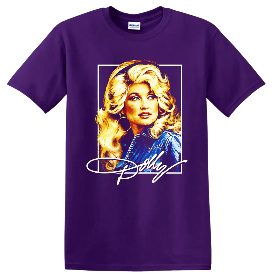 Dolly Parton retro painted portrait with blonde curls and blue western jacket on a Purple T Shirt