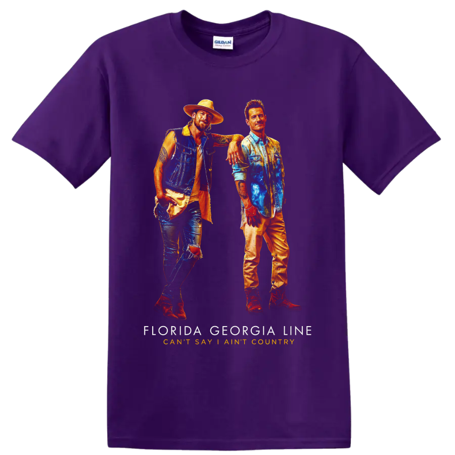 Florida Georgia Line painted duo portrait with Can’t Say I Ain’t Country text on a Purple T Shirt