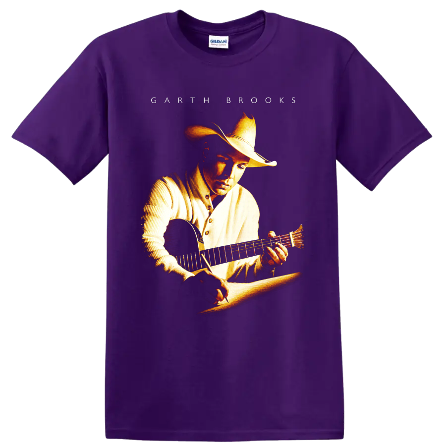 Garth Brooks cowboy hat and acoustic guitar portrait in warm Western illustration on a Purple T Shirt