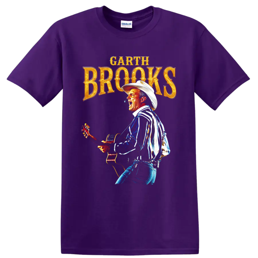 Garth Brooks singer with acoustic guitar, cowboy hat, and gold concert lettering on a Purple T Shirt