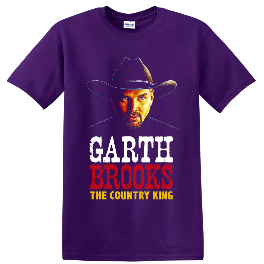 Garth Brooks cowboy hat portrait with distressed The Country King lettering on a Purple T Shirt