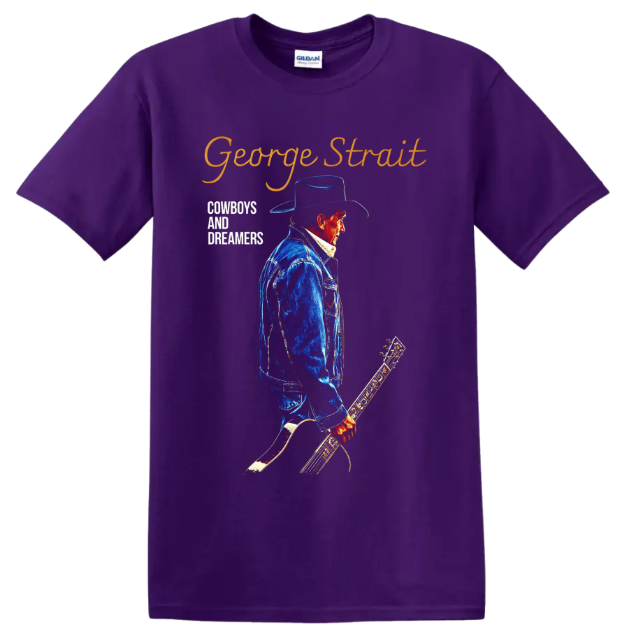 George Strait cowboy portrait with guitar and Cowboys and Dreamers western lettering on a Purple T Shirt
