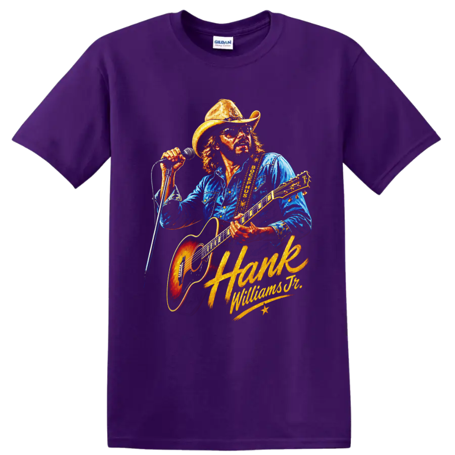 Hank Williams Jr. country guitar performance illustration with cowboy hat and microphone on a Purple T Shirt