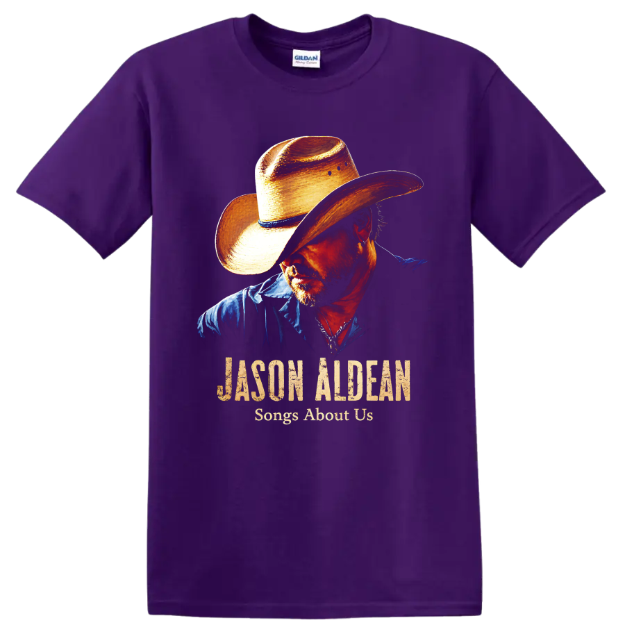 Jason Aldean cowboy hat portrait with Songs About Us distressed country music text on a Purple T Shirt
