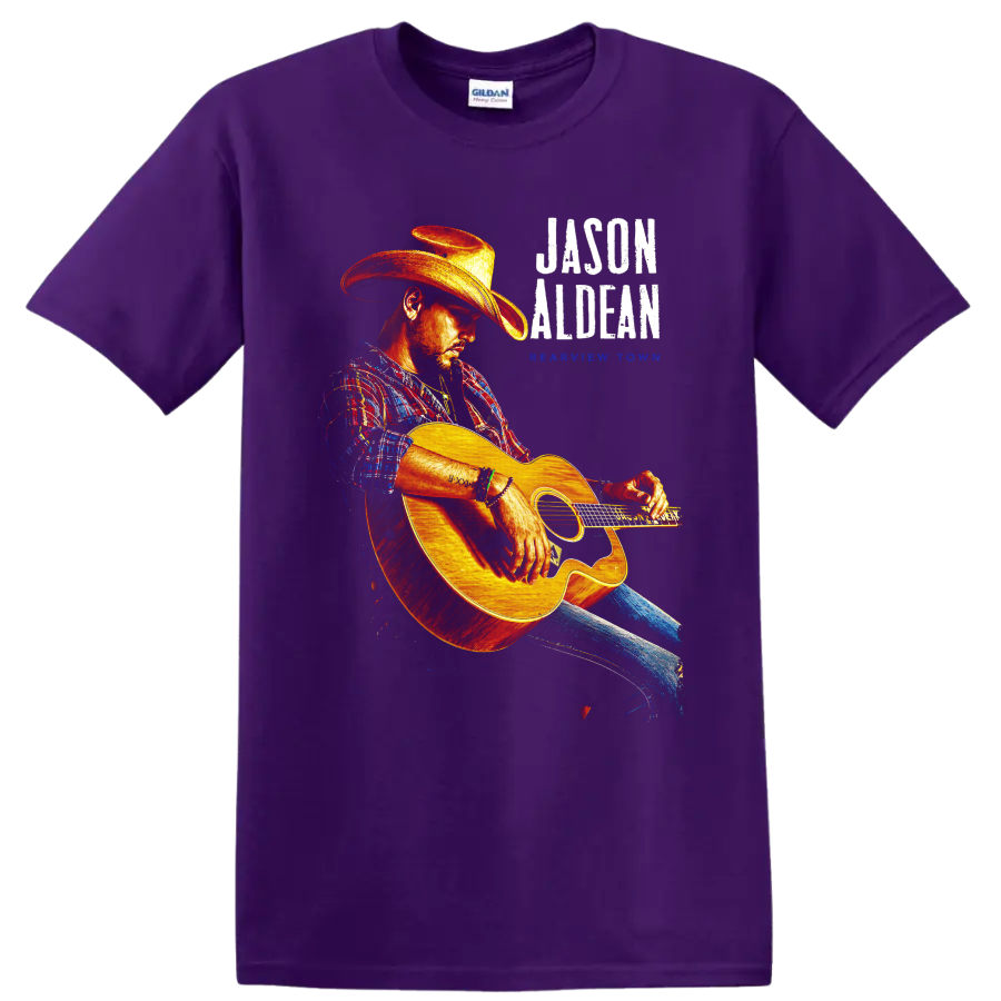 Jason Aldean Hicktown distressed concert graphic with cowboy-hatted acoustic guitarist on a Purple T Shirt