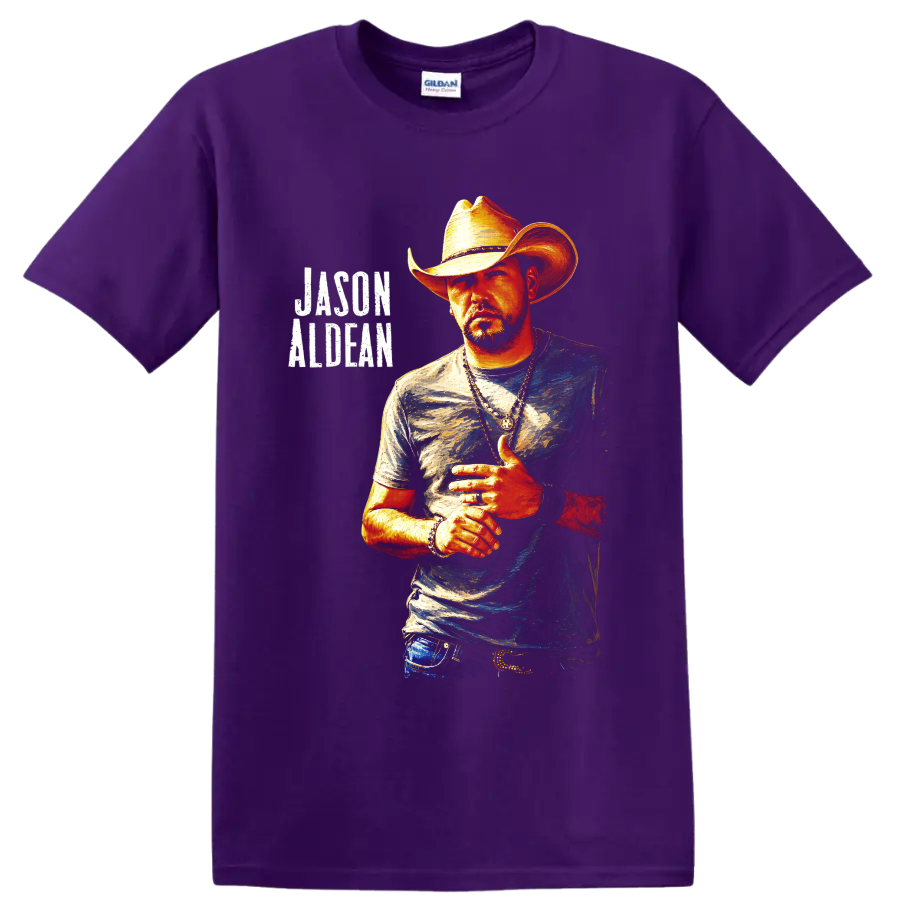 Jason Aldean cowboy hat portrait in vivid painted style with distressed name lettering on a Purple T Shirt