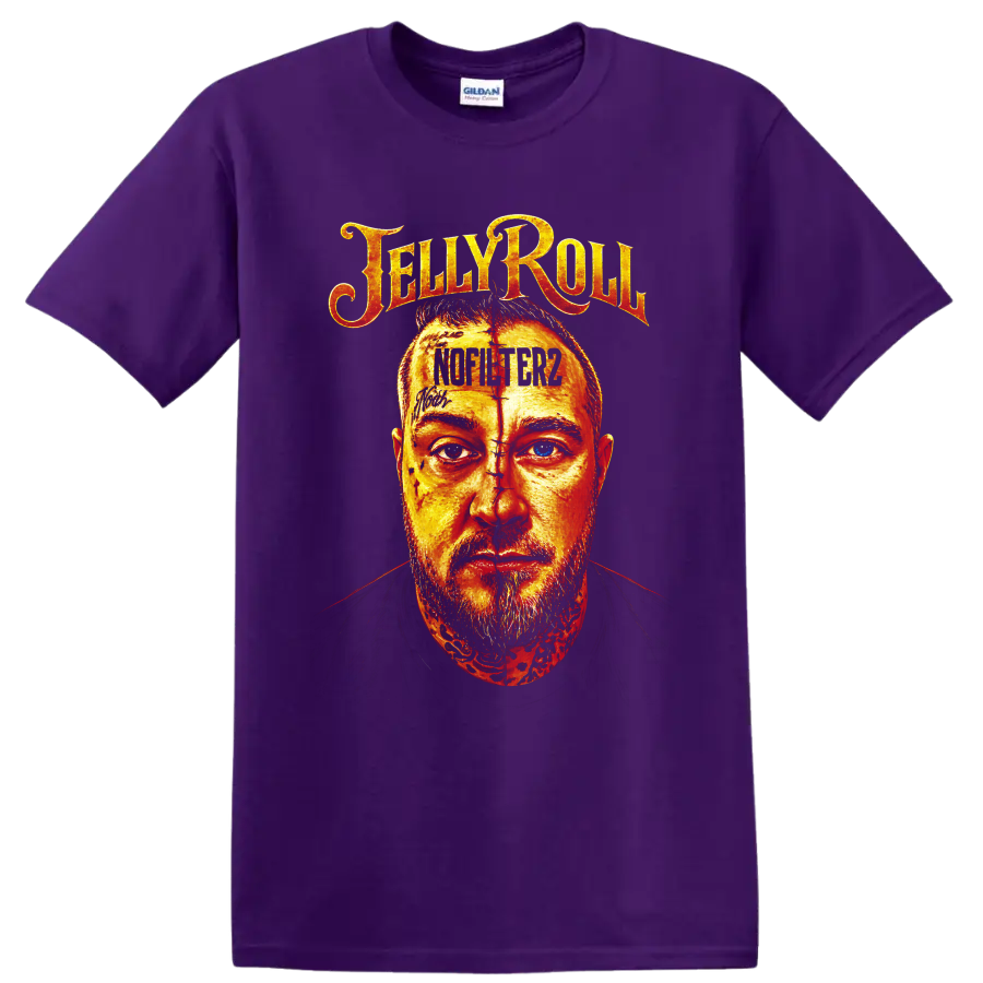 Fiery illustrated Jelly Roll portrait with distressed lettering and Not Like Us text on a Purple T Shirt