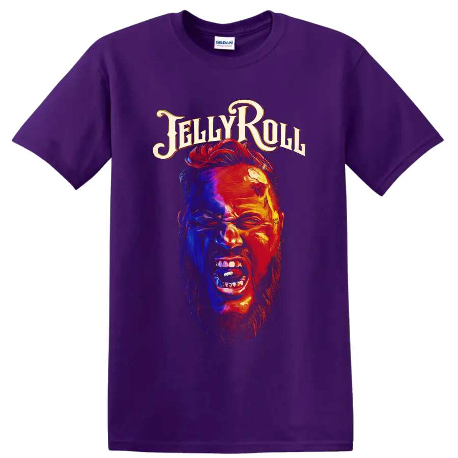 Jelly Roll tattooed portrait in vivid blue and fiery red with ornate Jelly Roll lettering on a Purple T Shirt