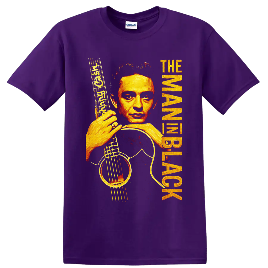 Johnny Cash painted guitar portrait with musical notes and distressed vertical lettering on a Purple T Shirt