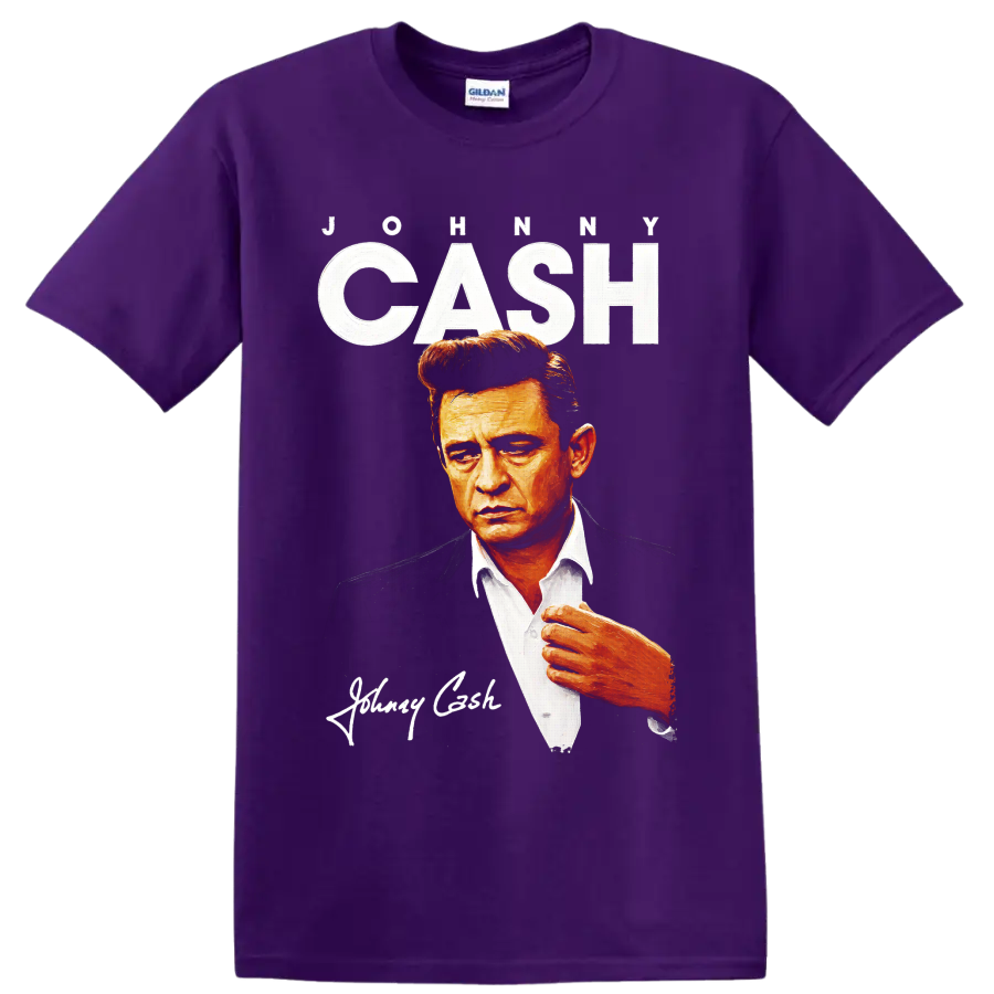 Johnny Cash painted portrait with distressed JOHNNY CASH lettering and signature-style on a Purple T Shirt