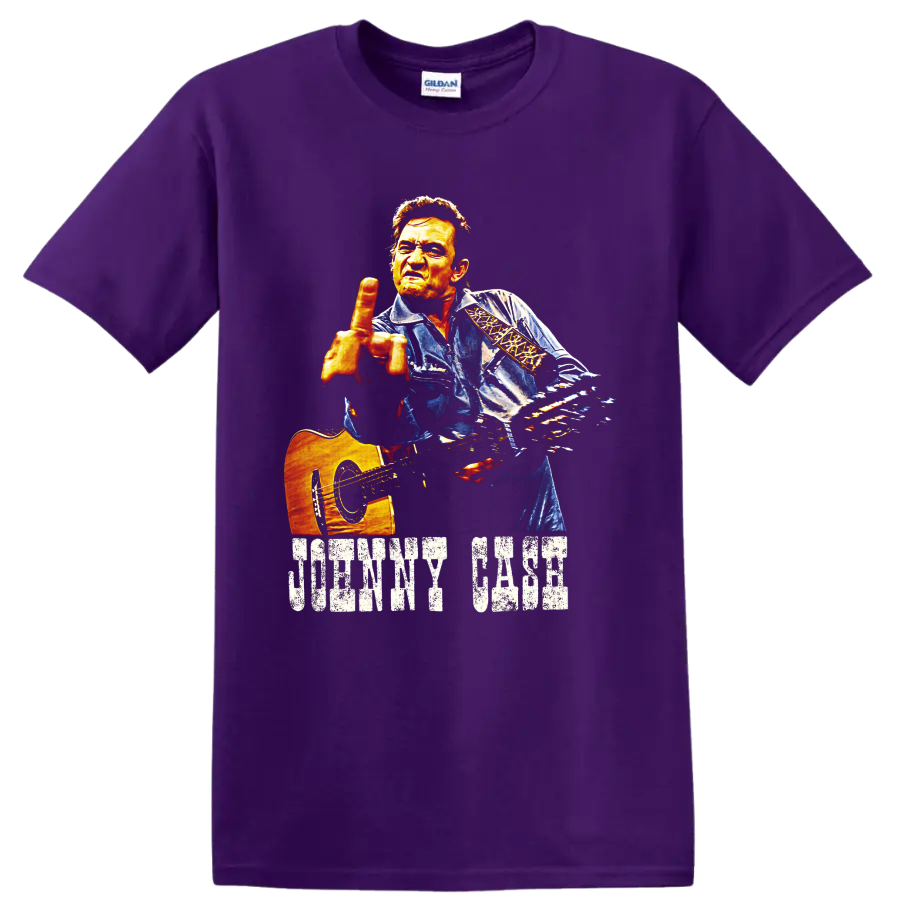 Johnny Cash painted guitar portrait with distressed name lettering on a Purple T Shirt