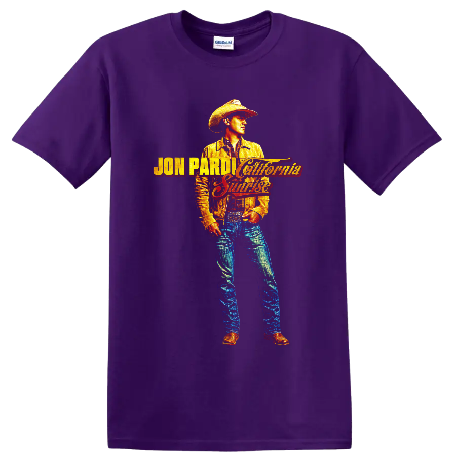 Jon Pardi California Sunrise cowboy portrait with retro western lettering on a Purple T Shirt