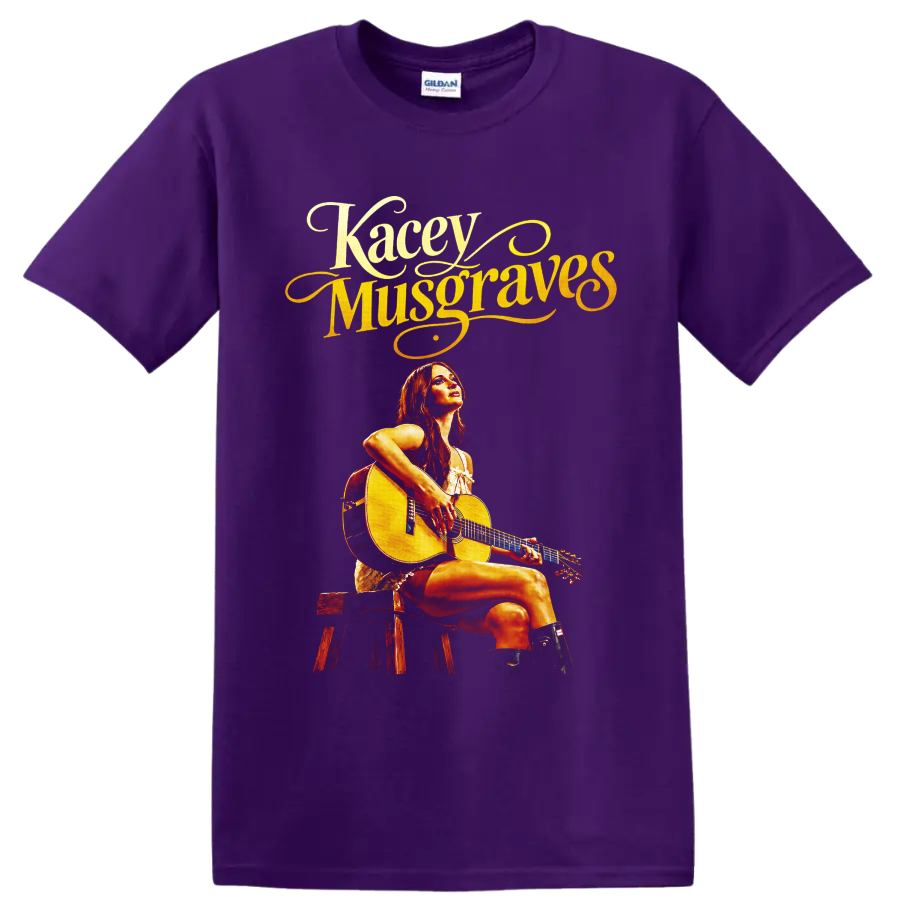 Kacey Musgraves seated with acoustic guitar beneath ornate script lettering on a Purple T Shirt