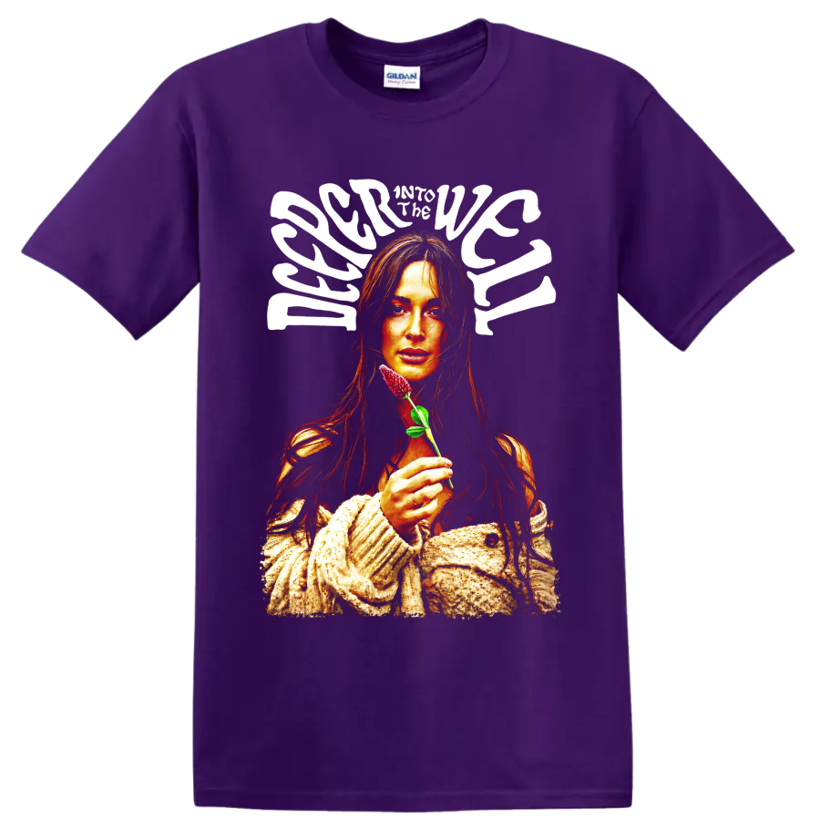Kacey Musgraves retro portrait holding a pink flower with bold white lettering on a Purple T Shirt