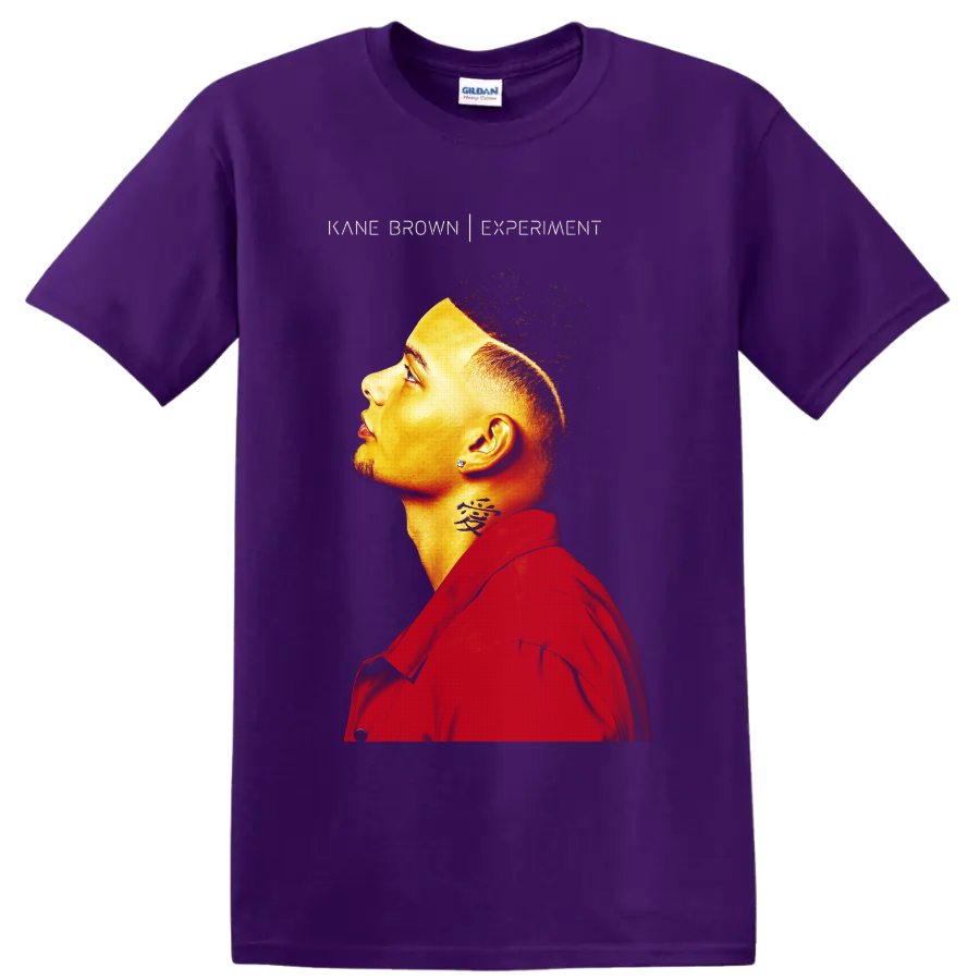 Kane Brown Experiment side-profile portrait in vivid red and gold tones on a Purple T Shirt