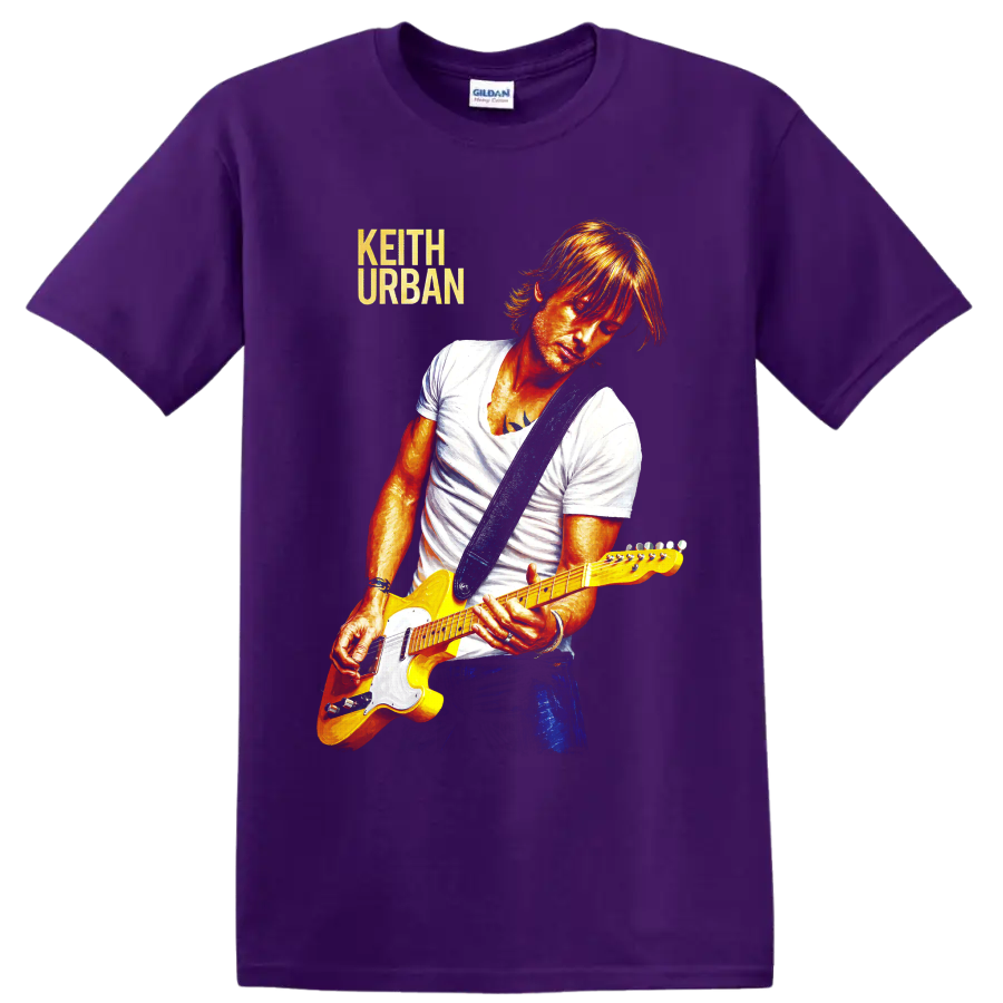 Keith Urban portrait playing yellow electric guitar in vivid concert art on a Purple T Shirt
