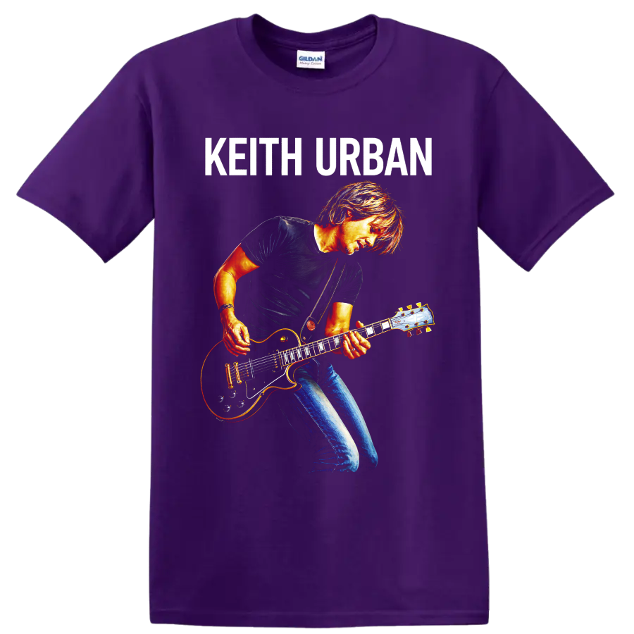 Keith Urban guitarist in vivid concert-poster style with electric guitar and name text on a Purple T Shirt