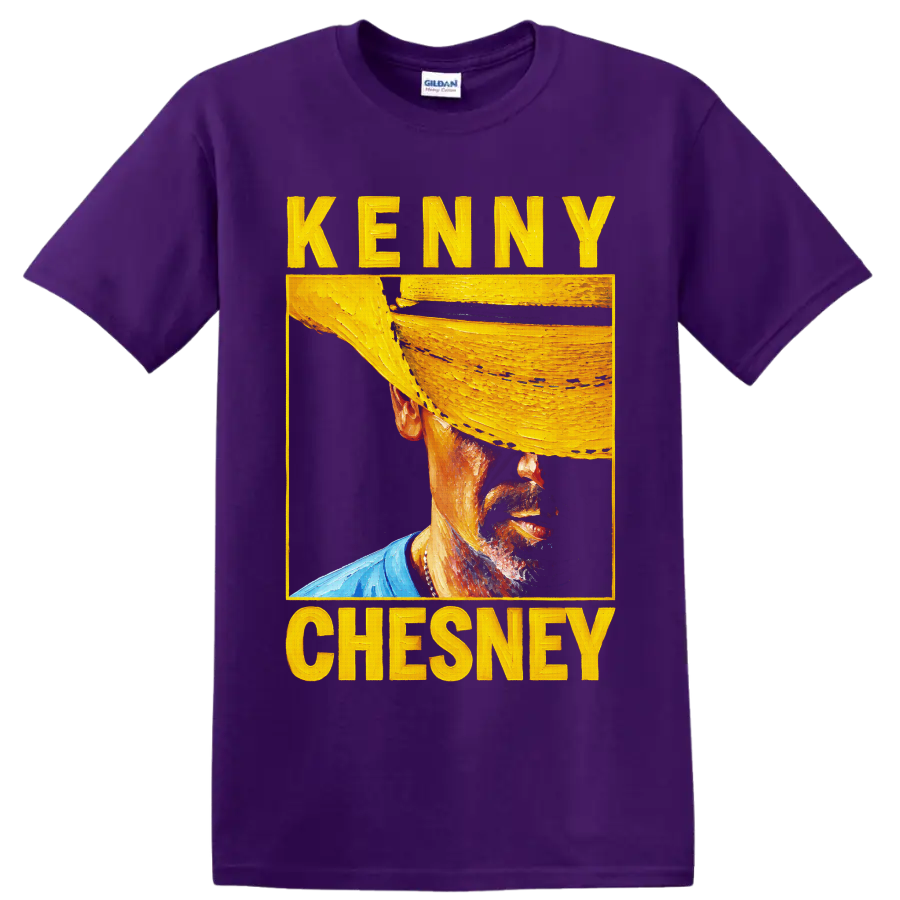 Kenny Chesney painterly cowboy hat portrait with bold yellow lettering on a Purple T Shirt