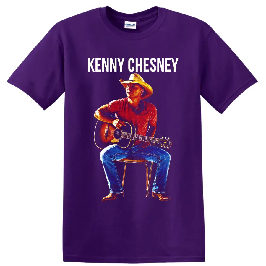 Kenny Chesney portrait with cowboy hat and acoustic guitar in vivid poster style on a Purple T Shirt