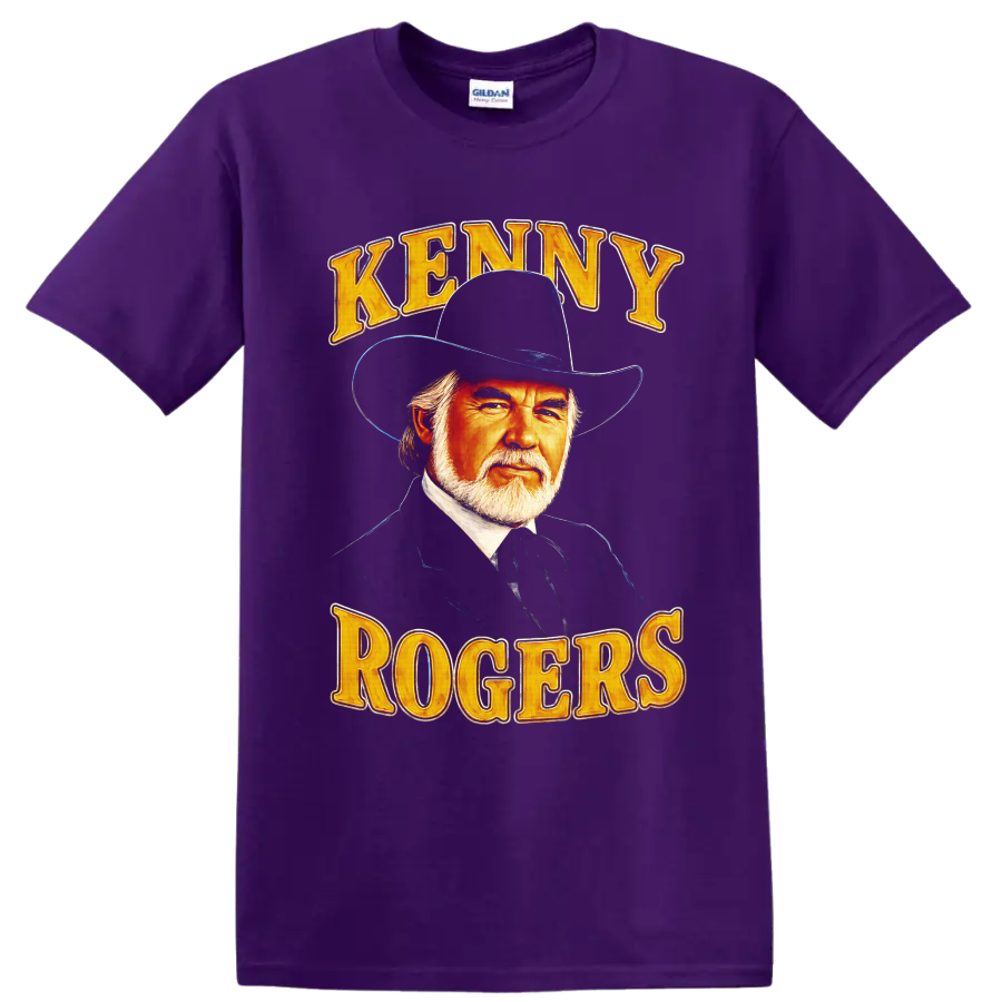 Kenny Rogers cowboy hat portrait with gold KENNY ROGERS lettering in vintage Western style on a Purple T Shirt