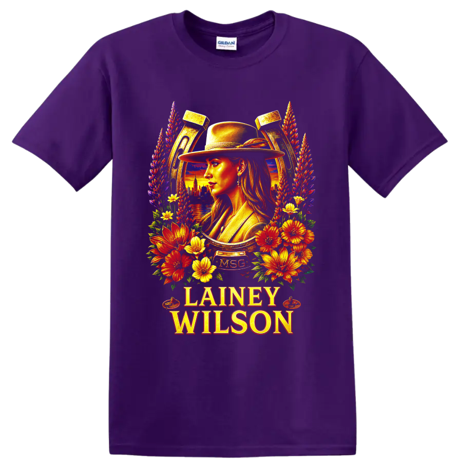Lainey Wilson western hat portrait with floral horseshoe and sunset skyline on a Purple T Shirt