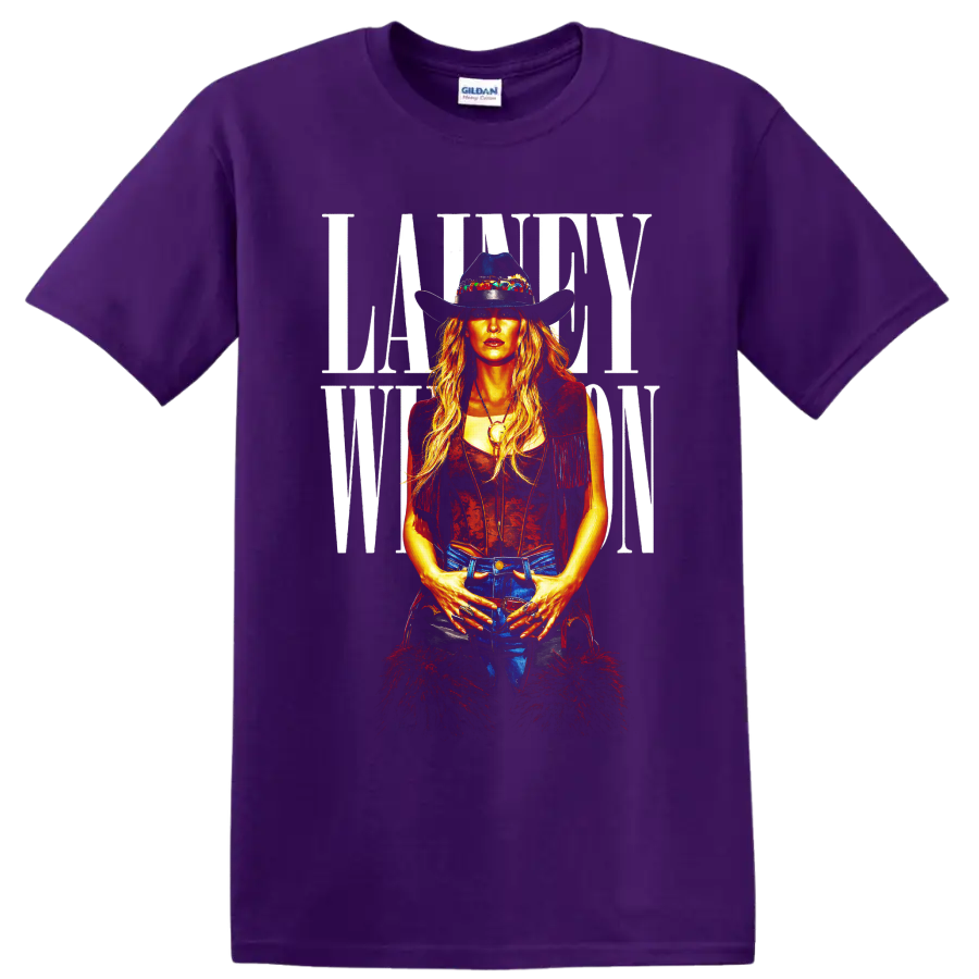 Lainey Wilson western portrait in cowboy hat, fringe vest, and bold white lettering on a Purple T Shirt