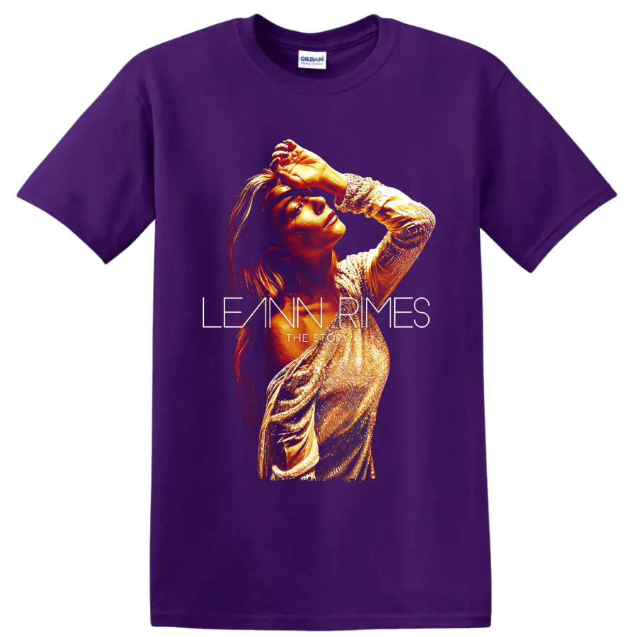 LeAnn Rimes golden glam portrait with The Story lettering on a Purple T Shirt