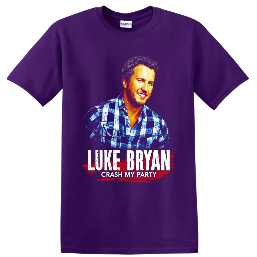 Luke Bryan Crash My Party portrait with distressed lettering and red brushstroke on a Purple T Shirt