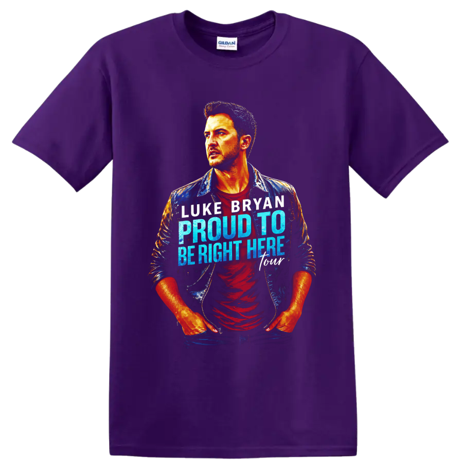 Luke Bryan painterly portrait with Proud To Be Right Here blue and white lettering on a Purple T Shirt