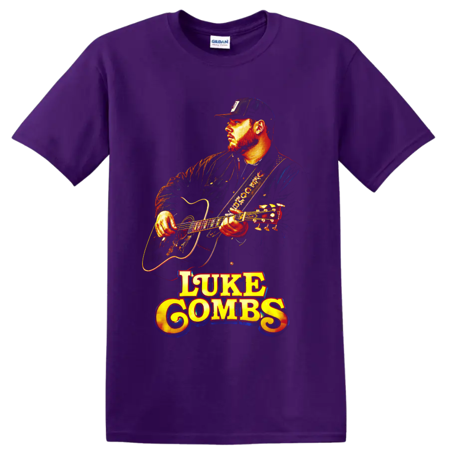Luke Combs playing acoustic guitar in vivid vintage concert-poster style on a Purple T Shirt