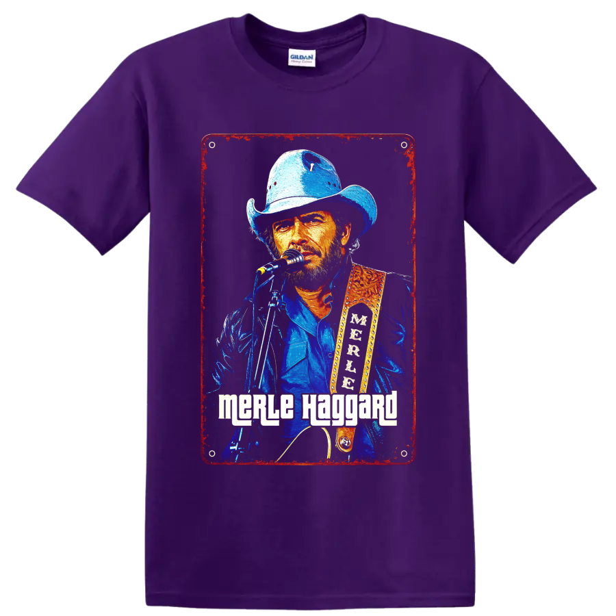Merle Haggard painted cowboy-hat performance portrait with microphone and guitar on a Purple T Shirt