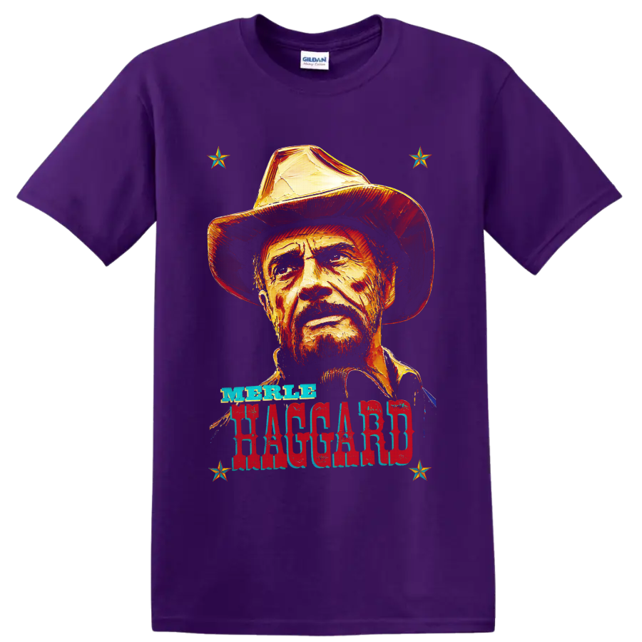 Merle Haggard cowboy hat portrait with distressed western lettering and stars on a Purple T Shirt