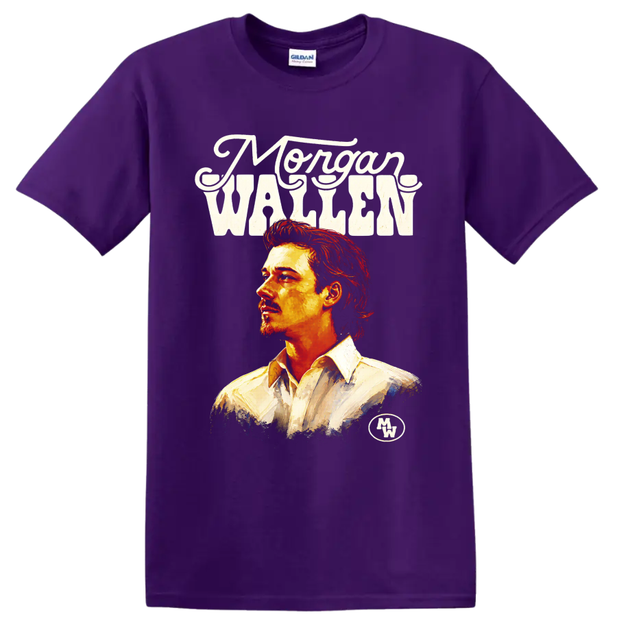 Morgan Wallen painted portrait with western lettering and fiery country music art on a Purple T Shirt