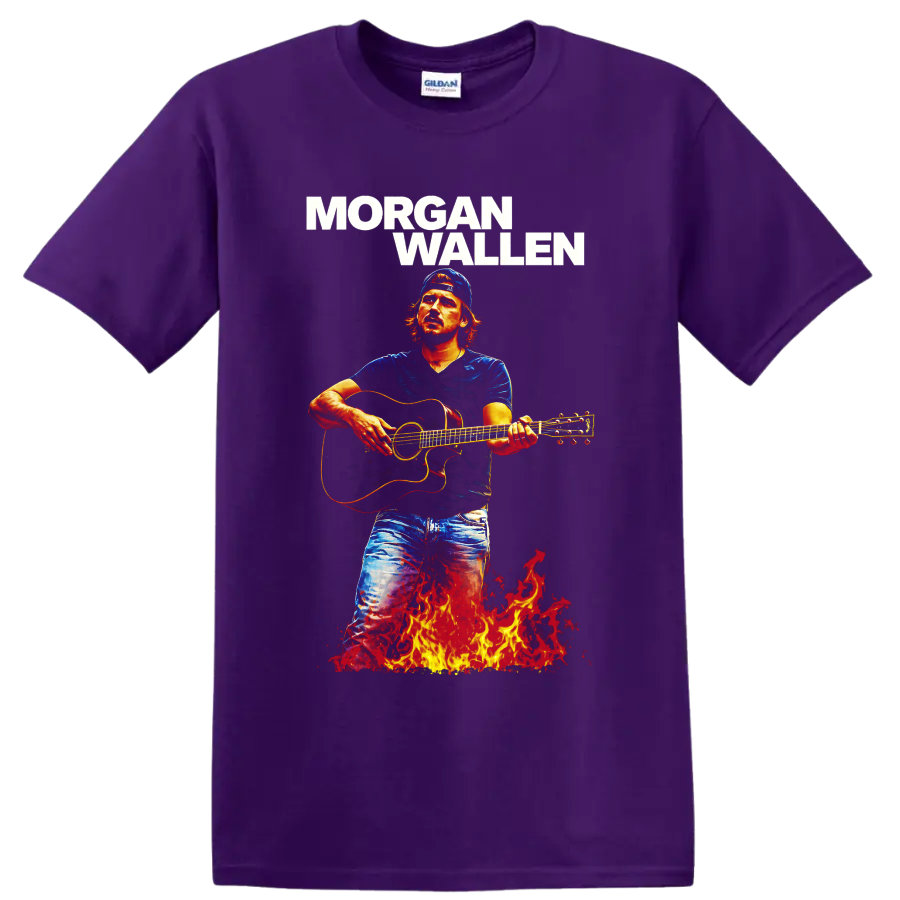 Morgan Wallen guitar player illustration with bold name text and fiery flames on a Purple T Shirt