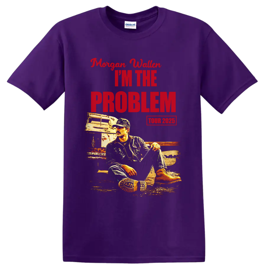 Morgan Wallen I'm The Problem Tour 2025 distressed portrait and trailer graphic on a Purple T Shirt
