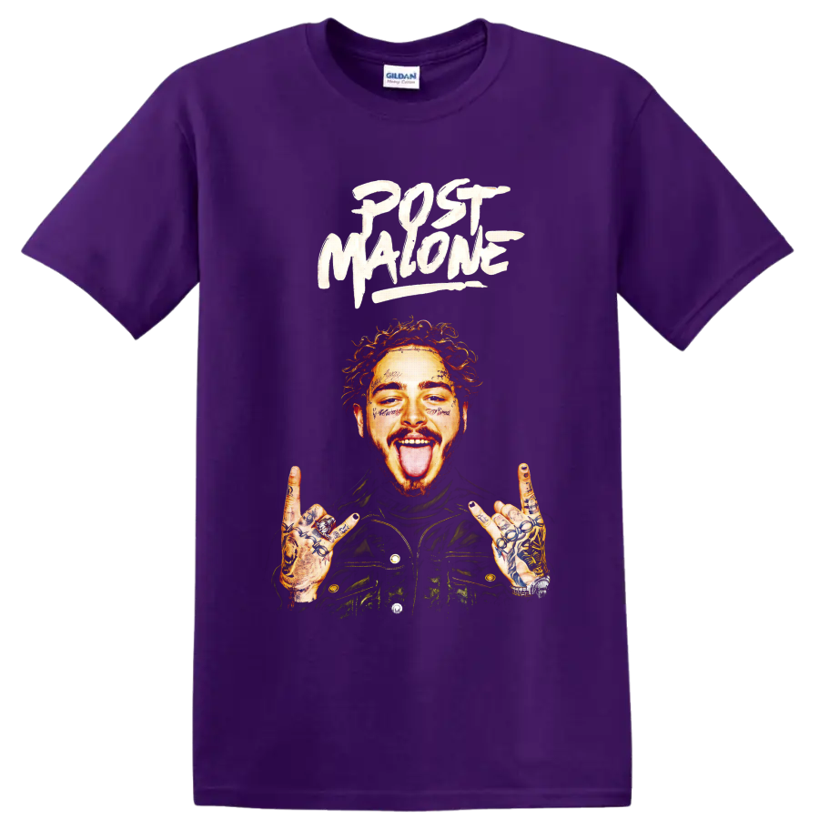 Post Malone portrait with tattooed hands and bold brush lettering on a Purple T Shirt
