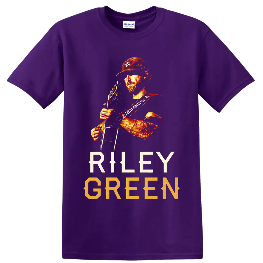 Riley Green holding guitar in warm western portrait art with RILEY GREEN text on a Purple T Shirt