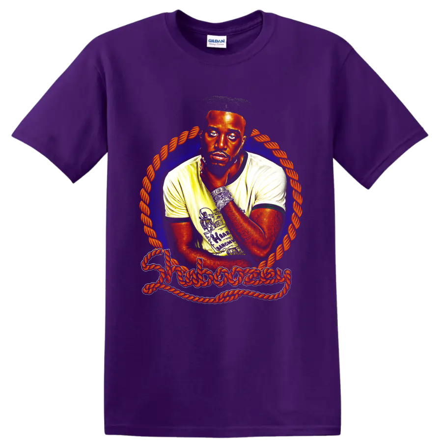 Shaboozey portrait illustration with blue halo, orange rope frame, and signature lettering on a Purple T Shirt