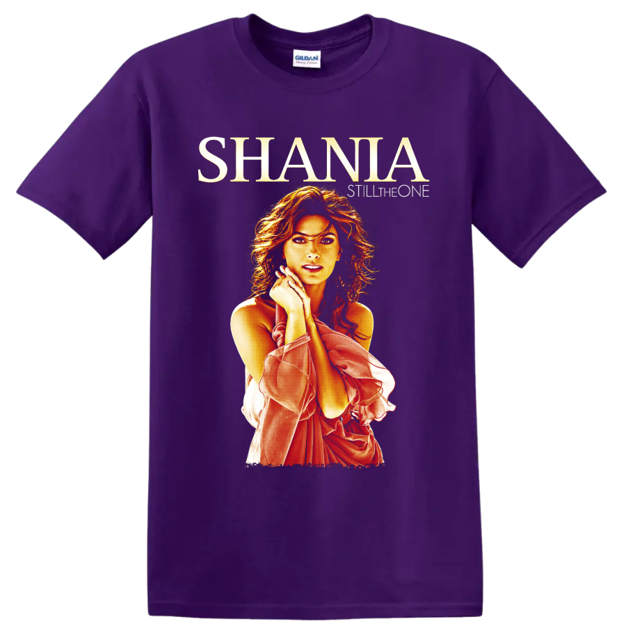 Shania Twain Still the One portrait in fiery red and gold country-pop fan art on a Purple T Shirt